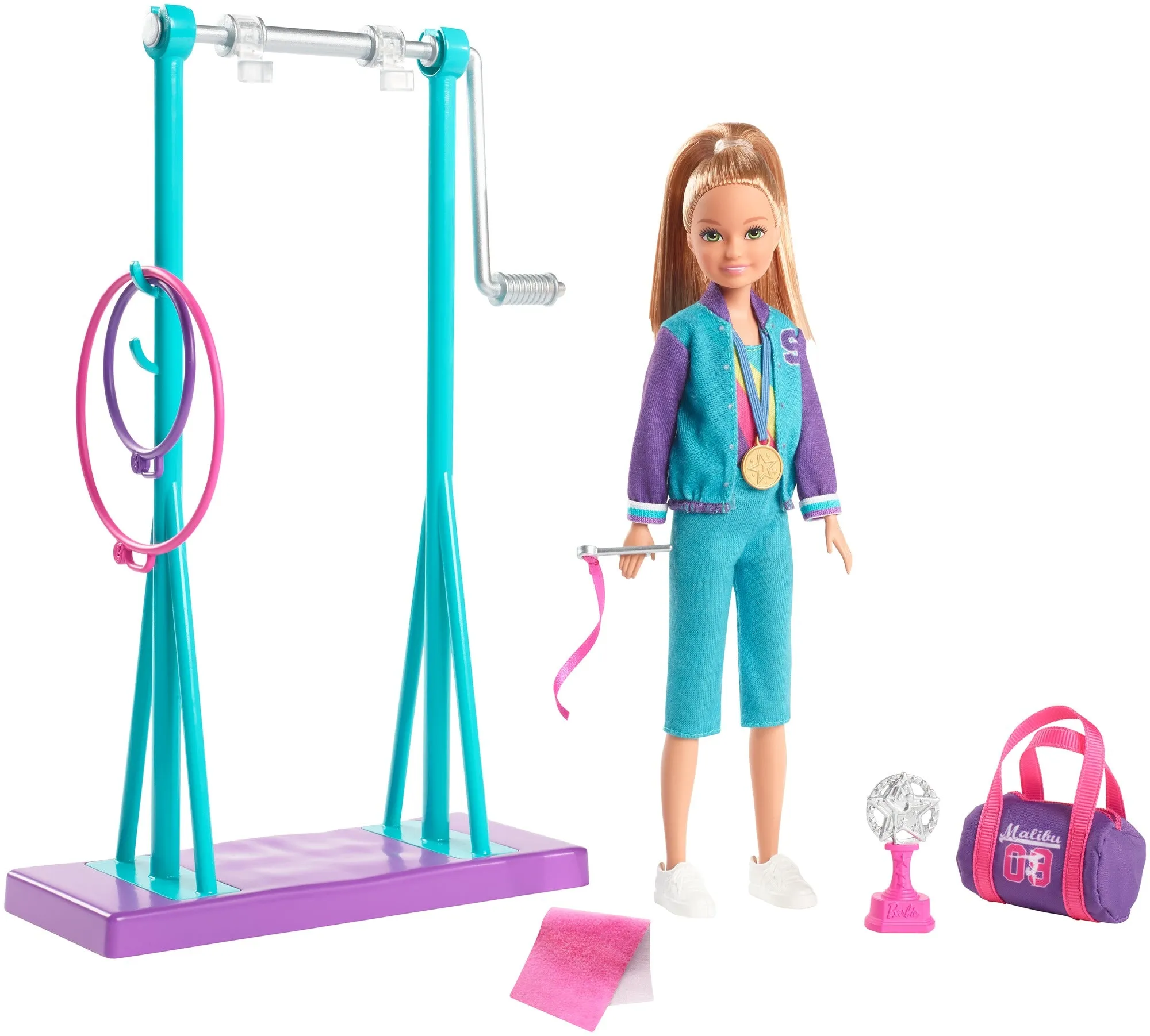 Barbie Team Stacie Doll and Gymnastics Playset with Spinning Bar and 7 Themed Accessories for Kids Ages 3 