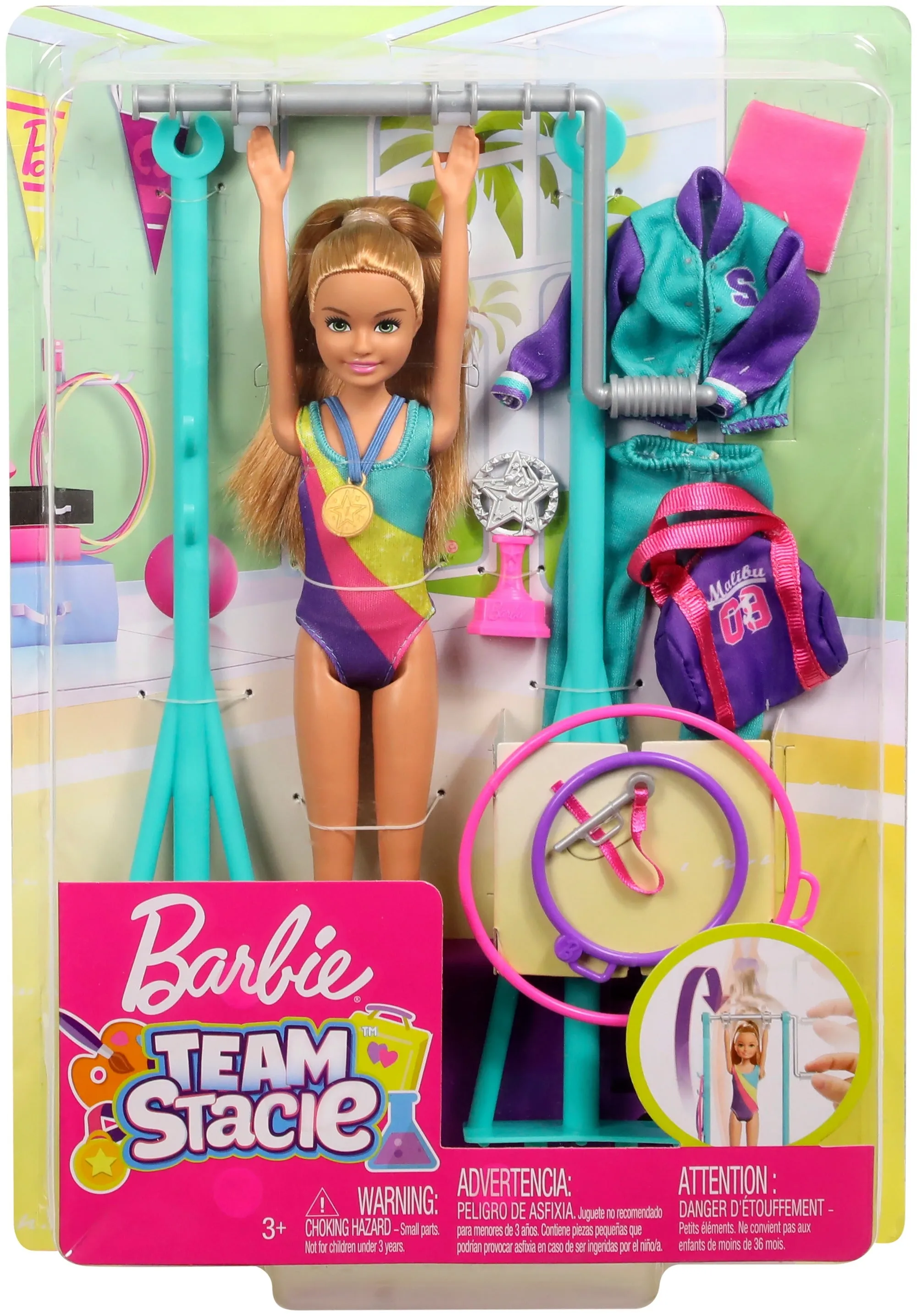 Barbie Team Stacie Doll and Gymnastics Playset with Spinning Bar and 7 Themed Accessories for Kids Ages 3 