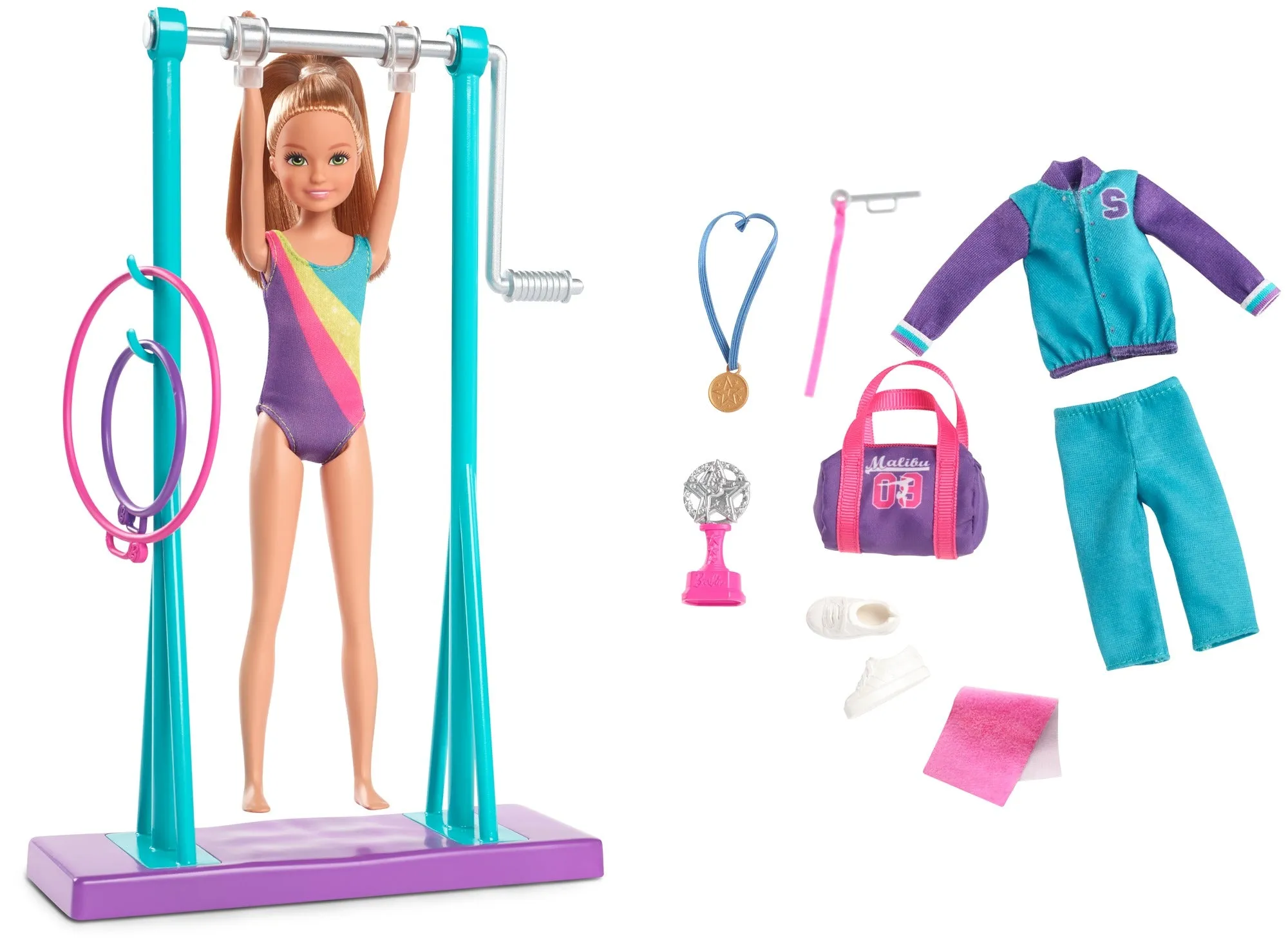 Barbie Team Stacie Doll and Gymnastics Playset with Spinning Bar and 7 Themed Accessories for Kids Ages 3 