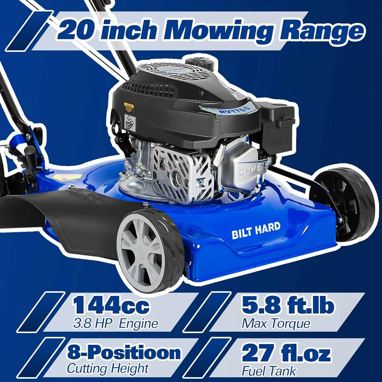 BILT HARD Gas Lawn Mower 20 inch, 144cc 4-Cycle OHV Engine Cordless Lawnmower, 8 Adjustable Cutting Heights Push Mowers for Lawn, Yard and Garden