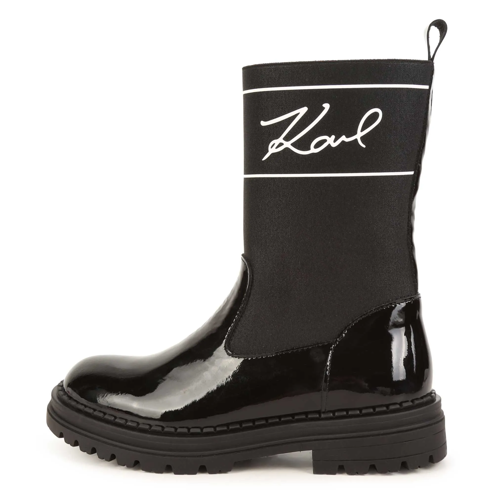 Black Bi-Fabric Patent Logo Boots