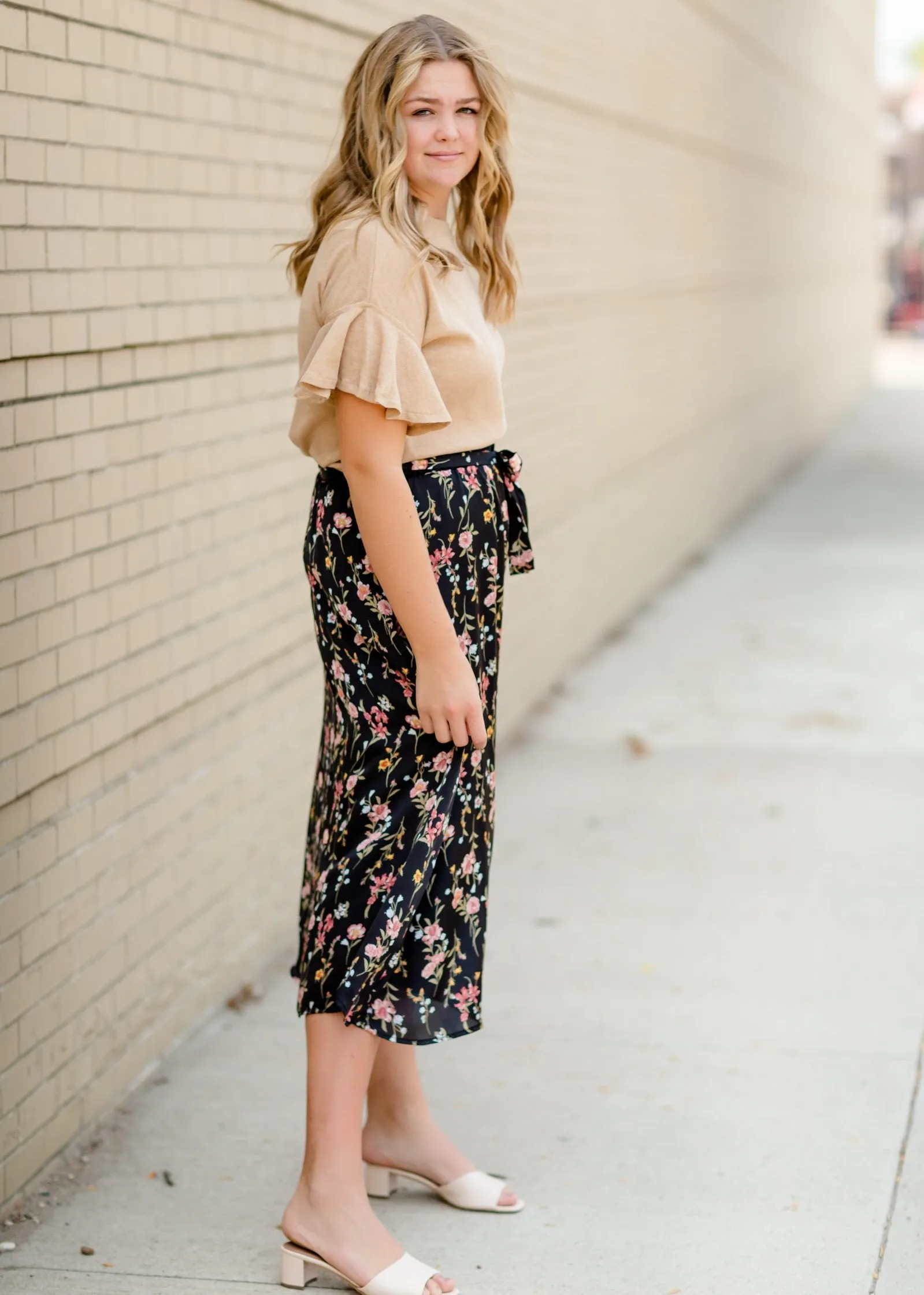 Black Satin Floral Midi Skirt - FINAL SALE