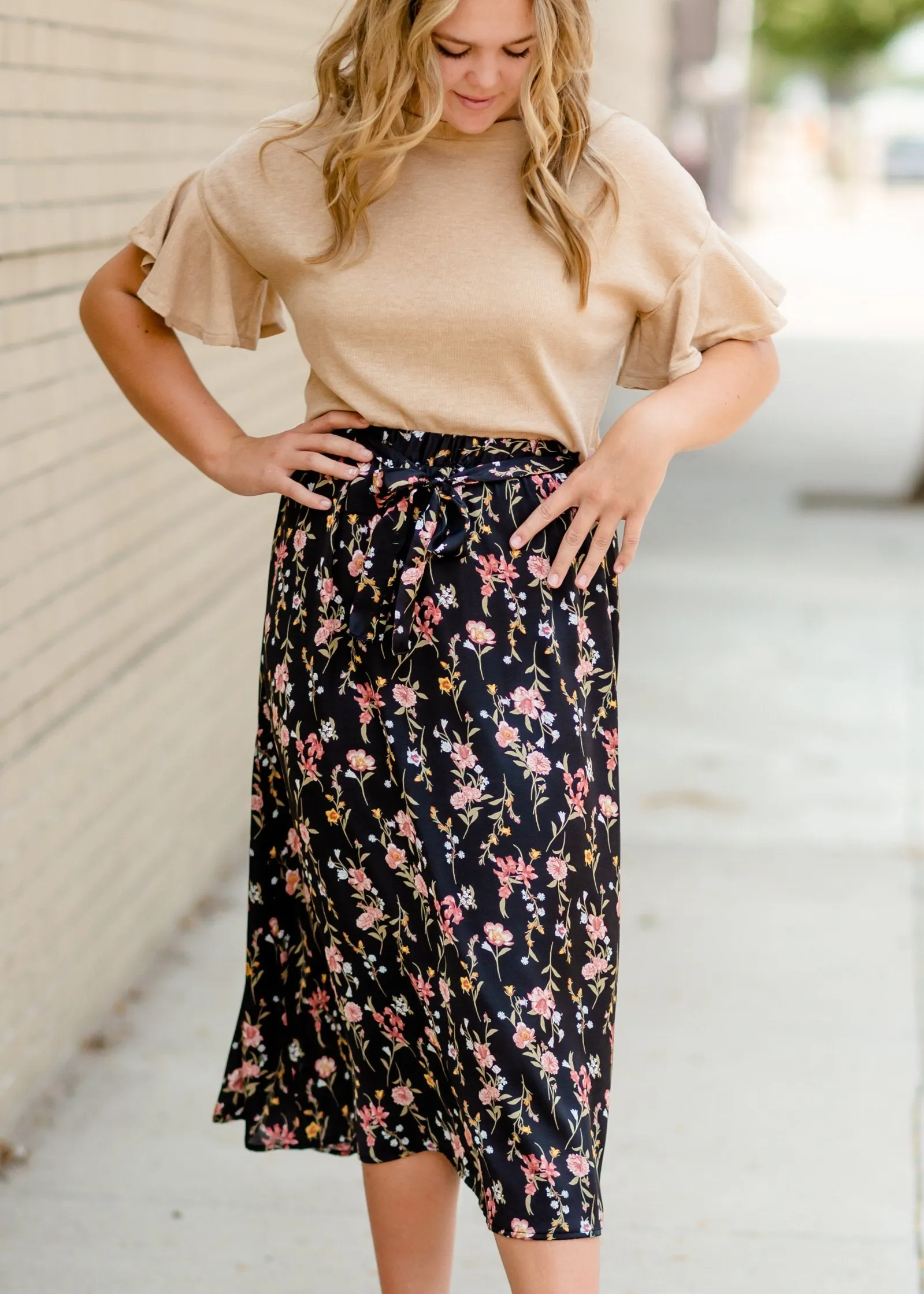 Black Satin Floral Midi Skirt - FINAL SALE