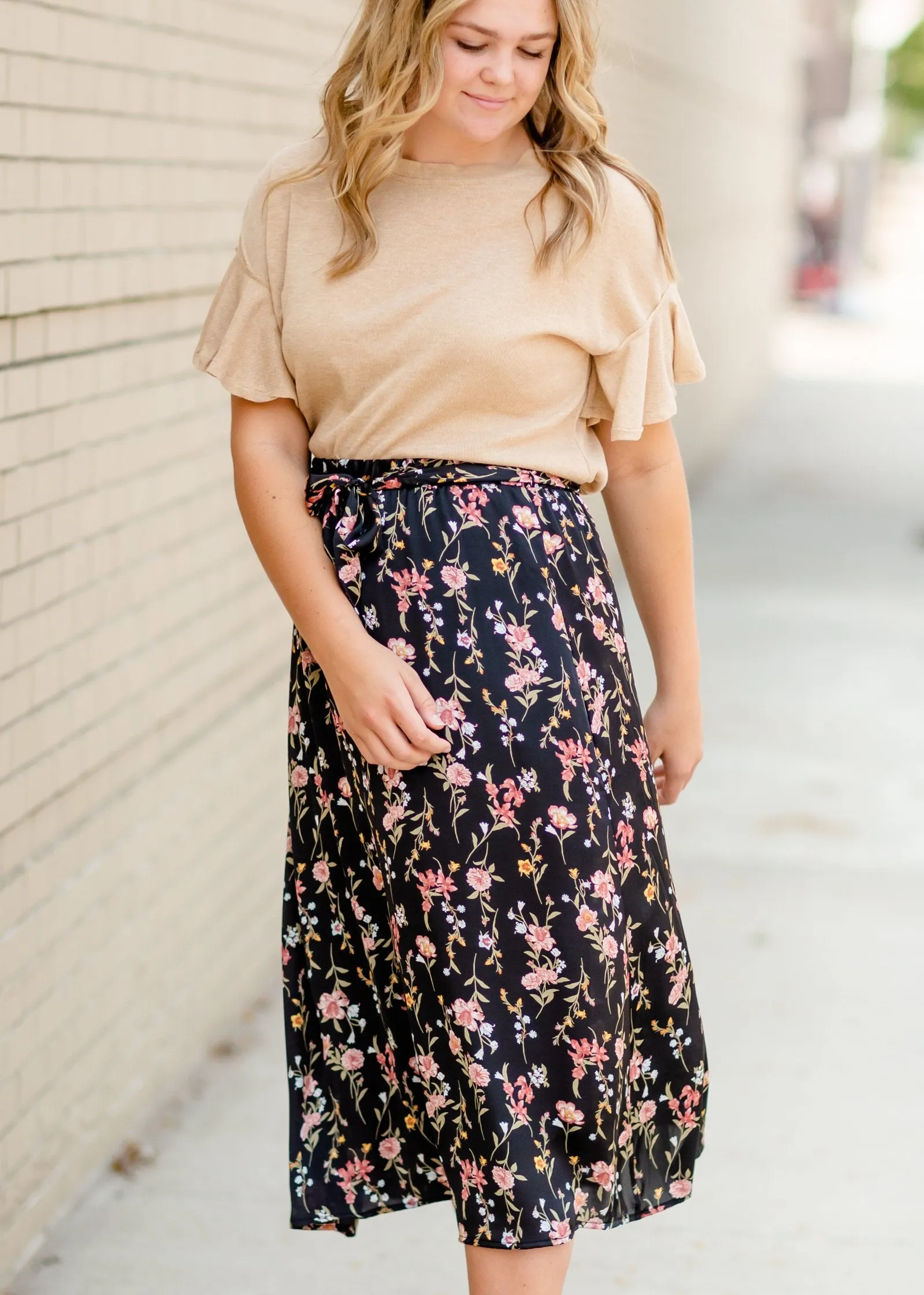 Black Satin Floral Midi Skirt - FINAL SALE