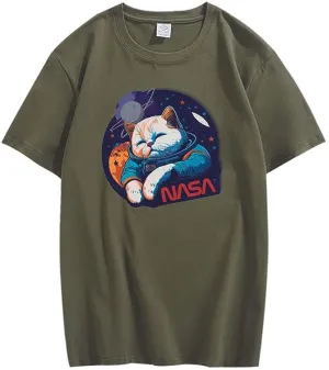 CORIRESHA Teen Cute Cat NASA Round Neck Short Sleeve Loose Space T-Shirt