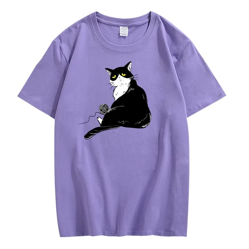 CORIRESHA Teen's Cute Cat T-Shirt Casual Crew Neck Short Sleeve Cotton Loose Top