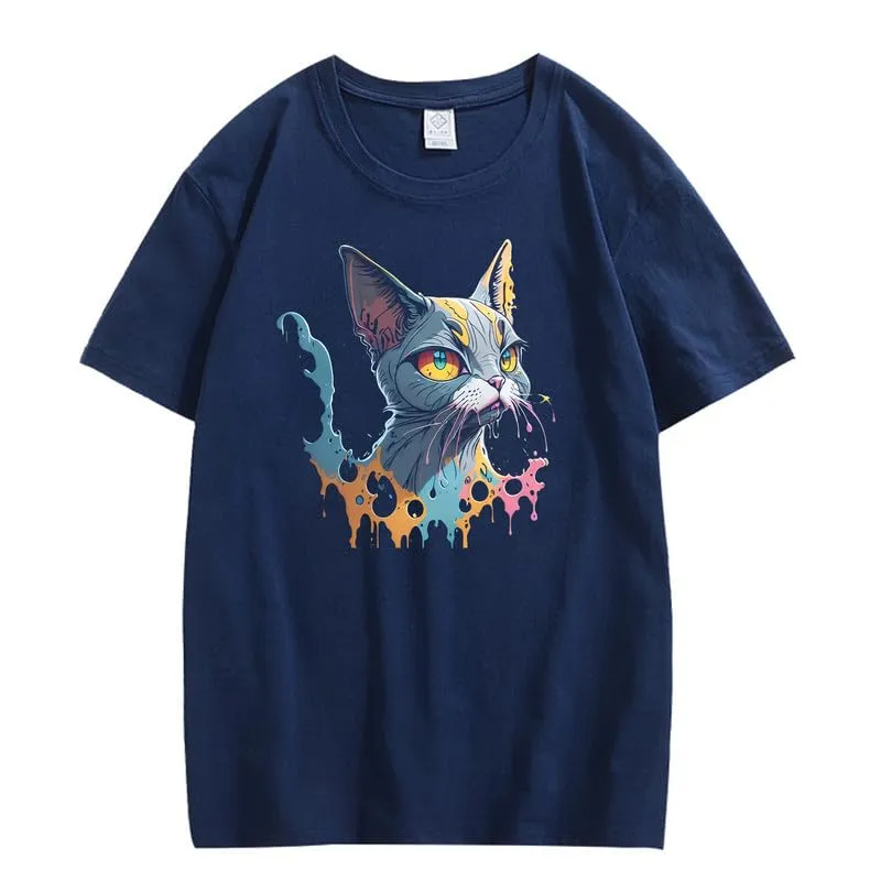 CORIRESHA Unisex Cute Cat Casual Short Sleeve Paint Splatter Cotton T-Shirt