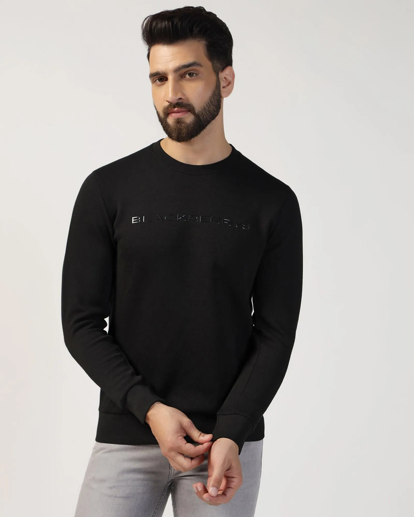 Crew Neck Black Solid Sweatshirt - Tee