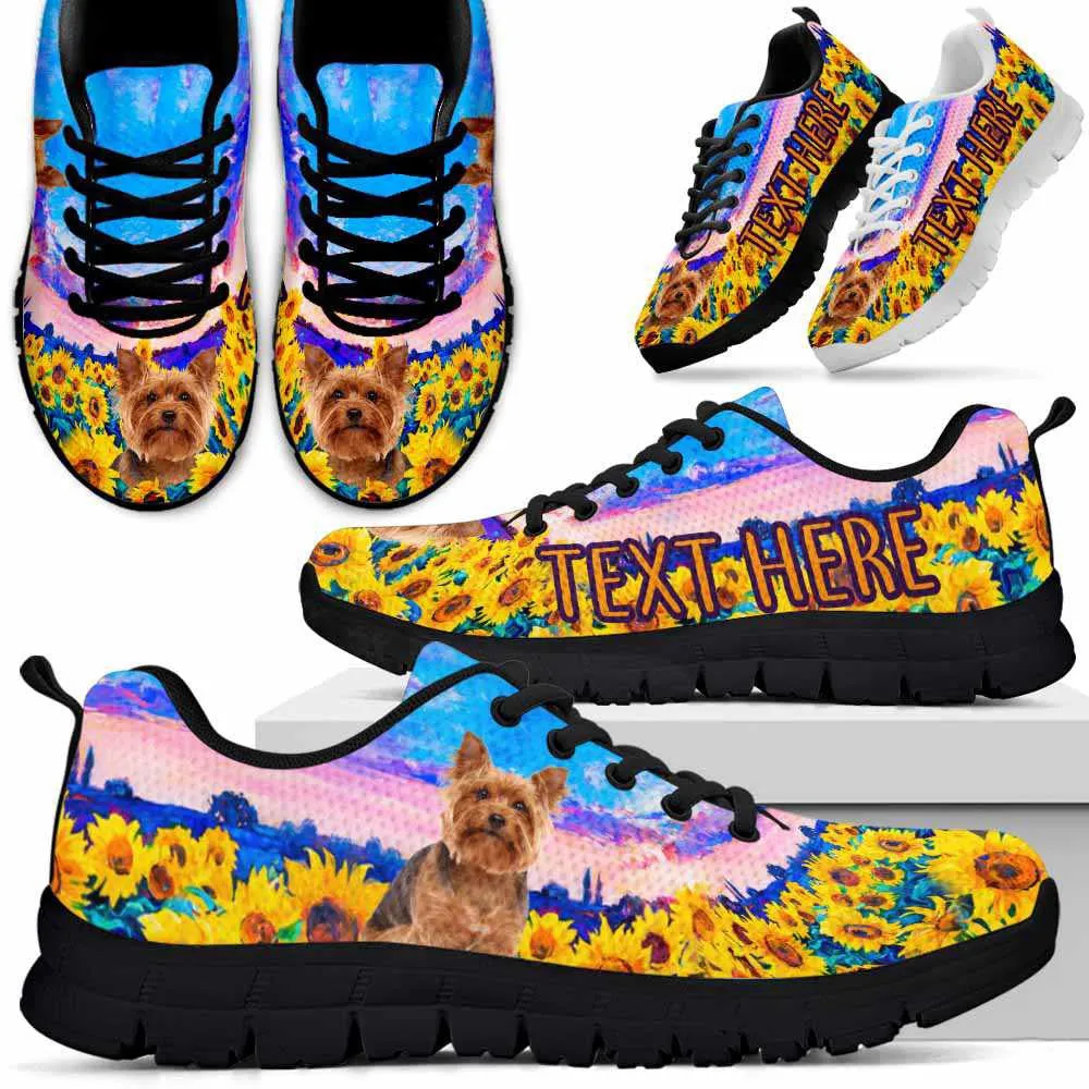 Custom Name Yorkshire Terrier Sneaker, Yorkie Sunflower Sky Sneakers Running Shoes, Best Running Shoes