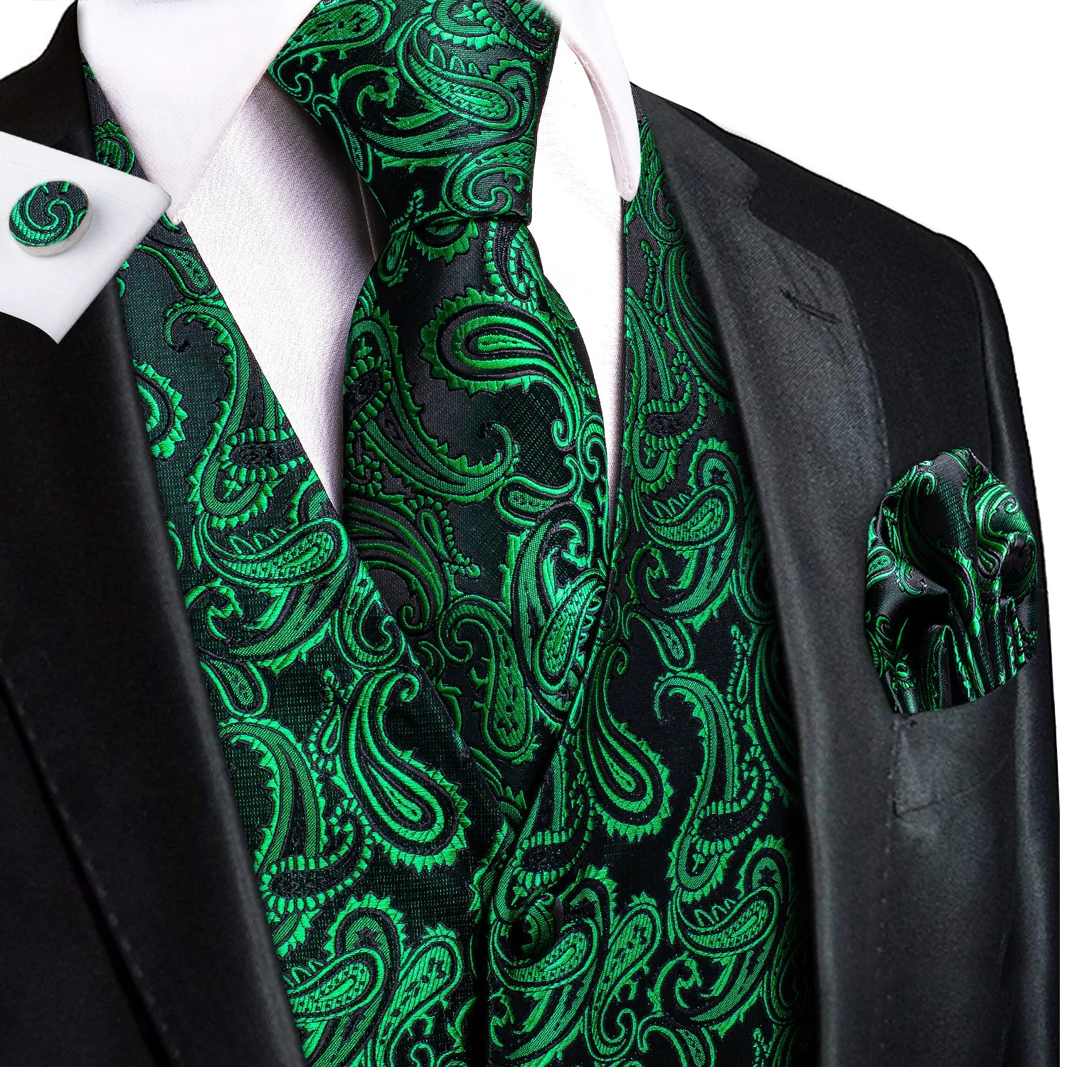 Emerald Green Paisley Silk Men's Vest Hanky Cufflinks Tie Set Waistcoat Suit Set