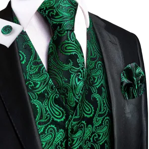 Emerald Green Paisley Silk Men's Vest Hanky Cufflinks Tie Set Waistcoat Suit Set