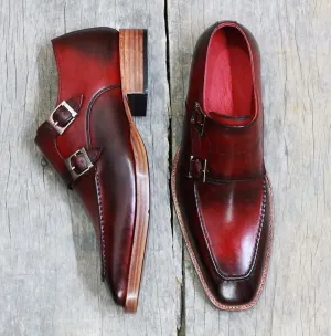 Handmade Burgundy Leather shoes, Men's Double Monk Formal Shoes