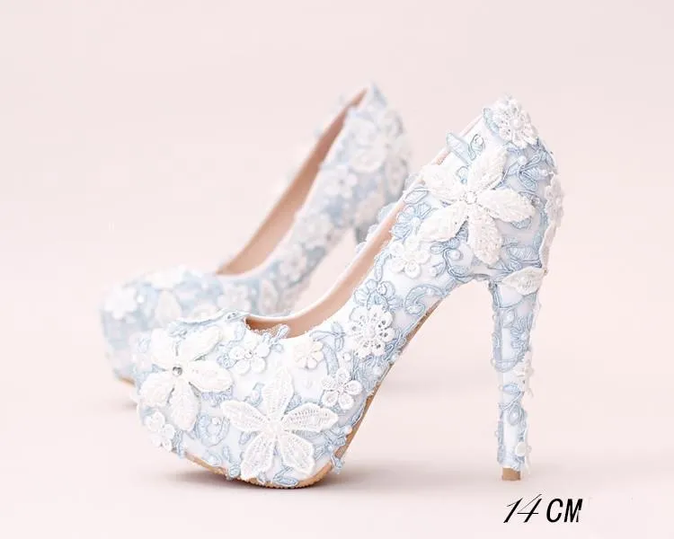 Handmade High Heels Round Toe Blue Lace Crystal Wedding Shoes, S0040