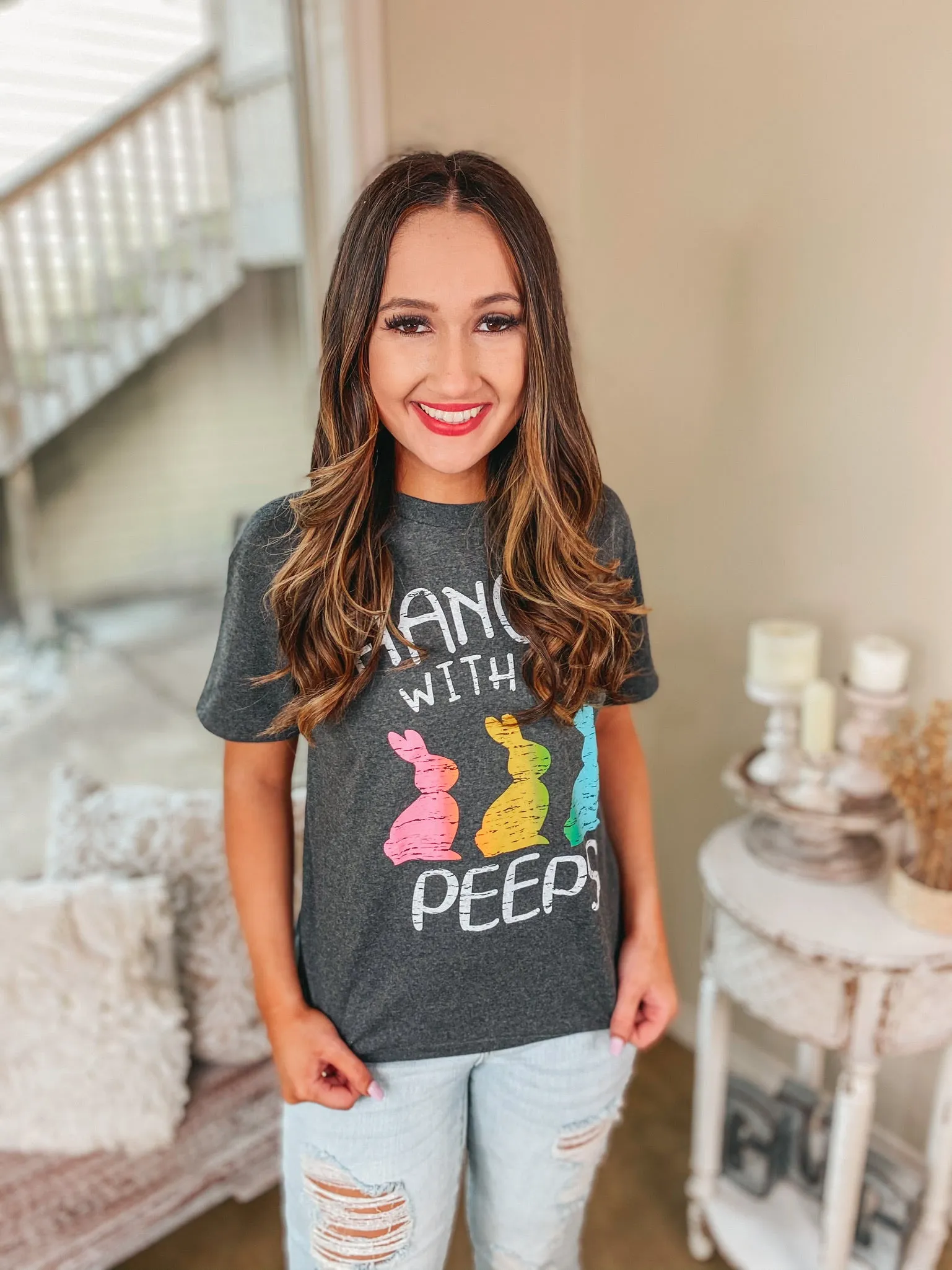 Hangin' With My Peeps Easter Graphic Tee in Charcoal Grey