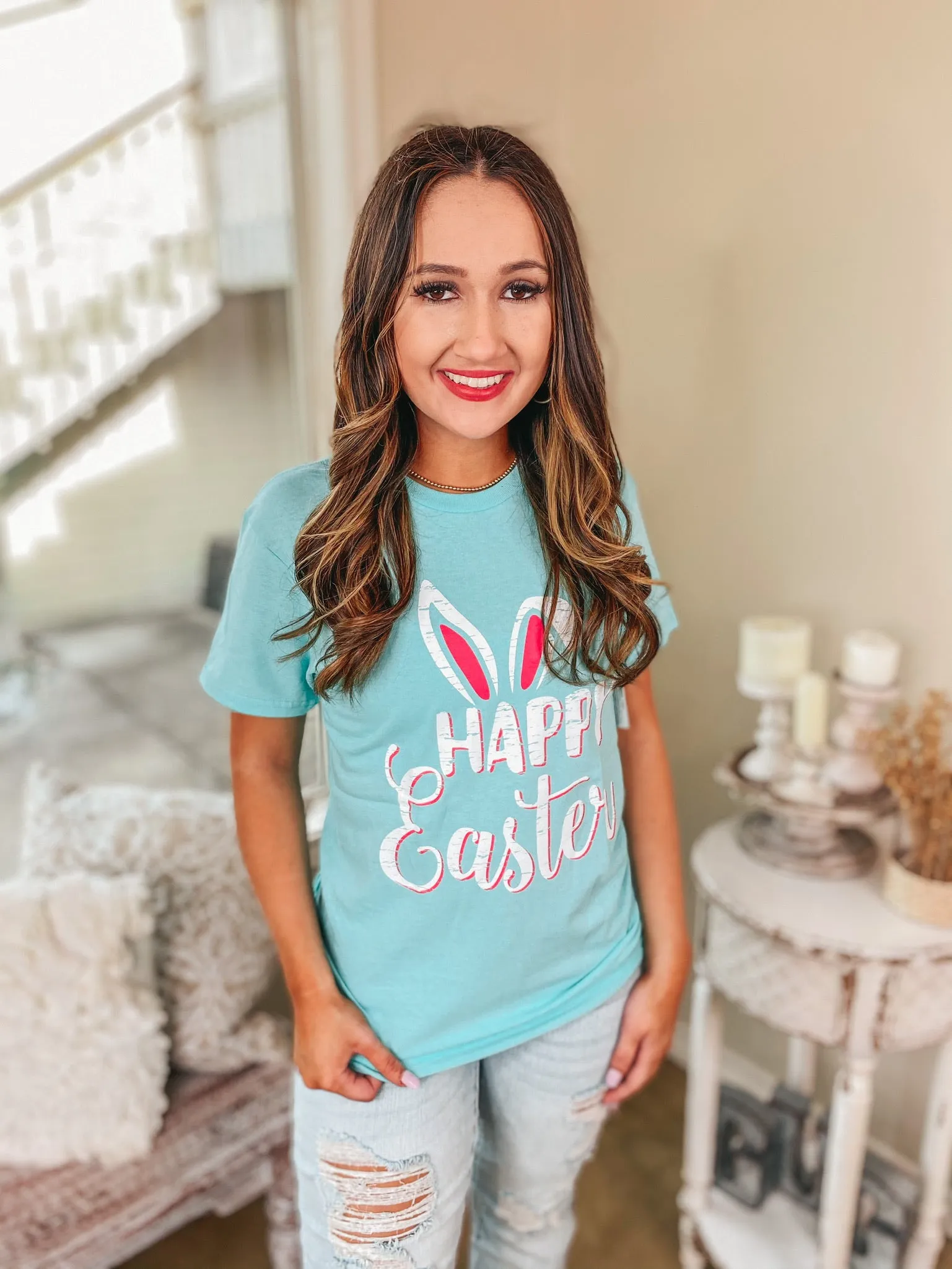 Happy Easter Bunny Ears Graphic Tee in Neon Mint