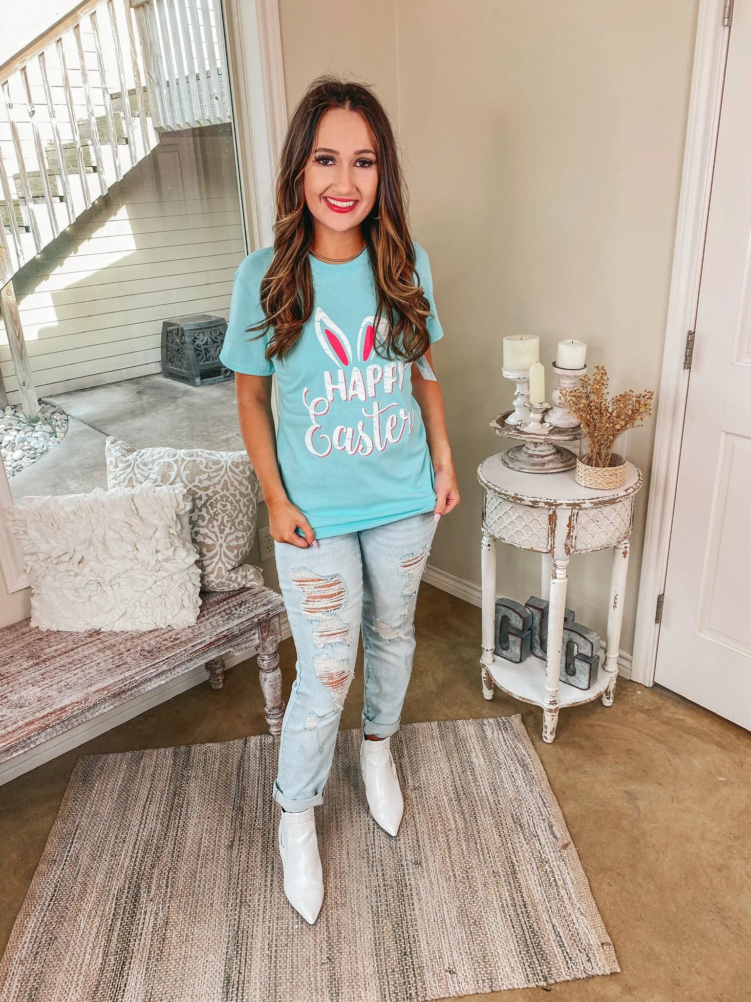 Happy Easter Bunny Ears Graphic Tee in Neon Mint