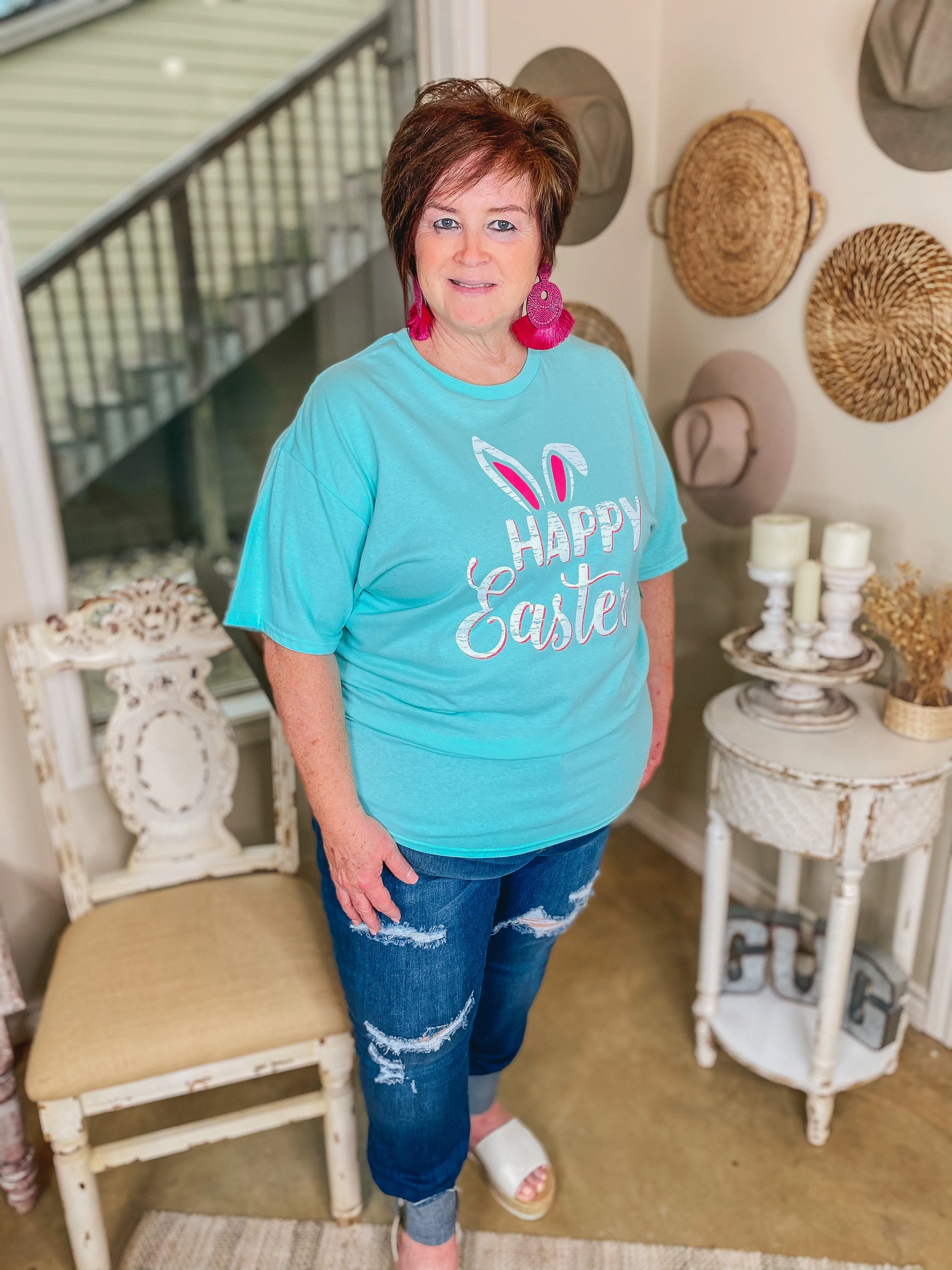 Happy Easter Bunny Ears Graphic Tee in Neon Mint