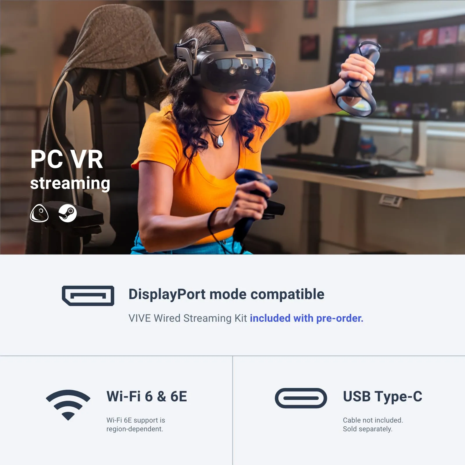 HTC Vive Focus Vision Bundle pre-Order Includes DisplayPort Compatible Wired Streaming Kit and Game Pack — Mixed Reality and PC VR Headset   Controllers