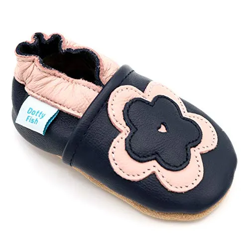 Infant to Toddler Girl's Soft Leather Slip On Shoes, Navy w/Pink Flower, Sizes to 5 Years (linked)