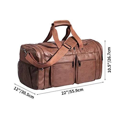 Leather Travel Bag with Shoe Pouch,Weekender Overnight Bag Waterproof Leather Large Carry On Bag Travel Tote Duffel Bag for Men or Women-Brown