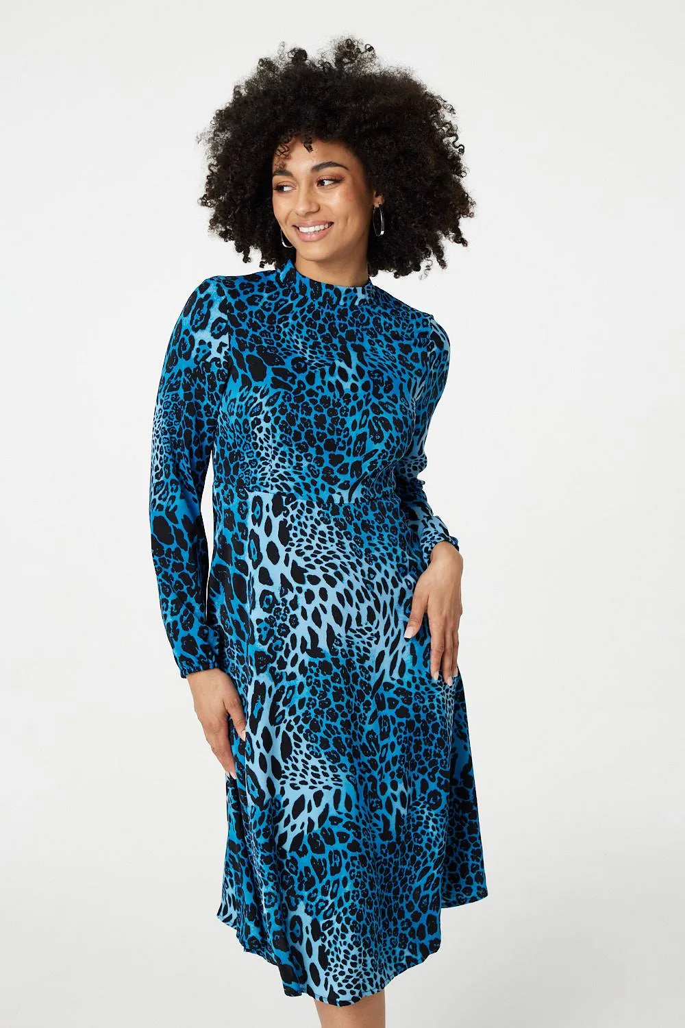 Leopard Print Long Sleeve Midi Dress