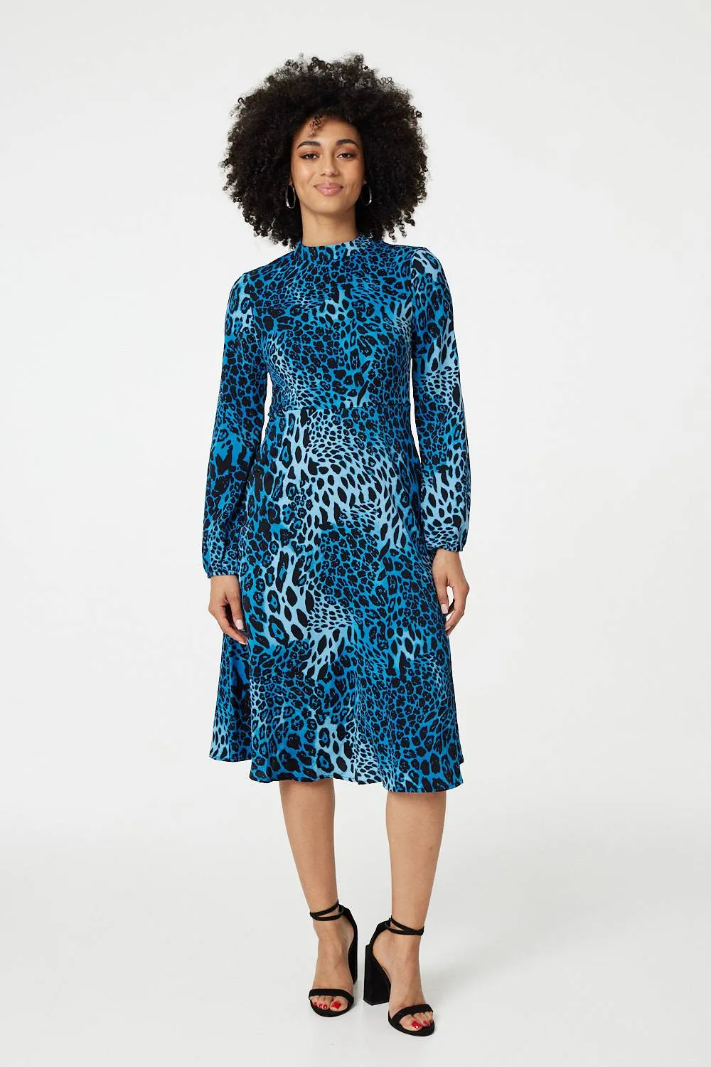 Leopard Print Long Sleeve Midi Dress