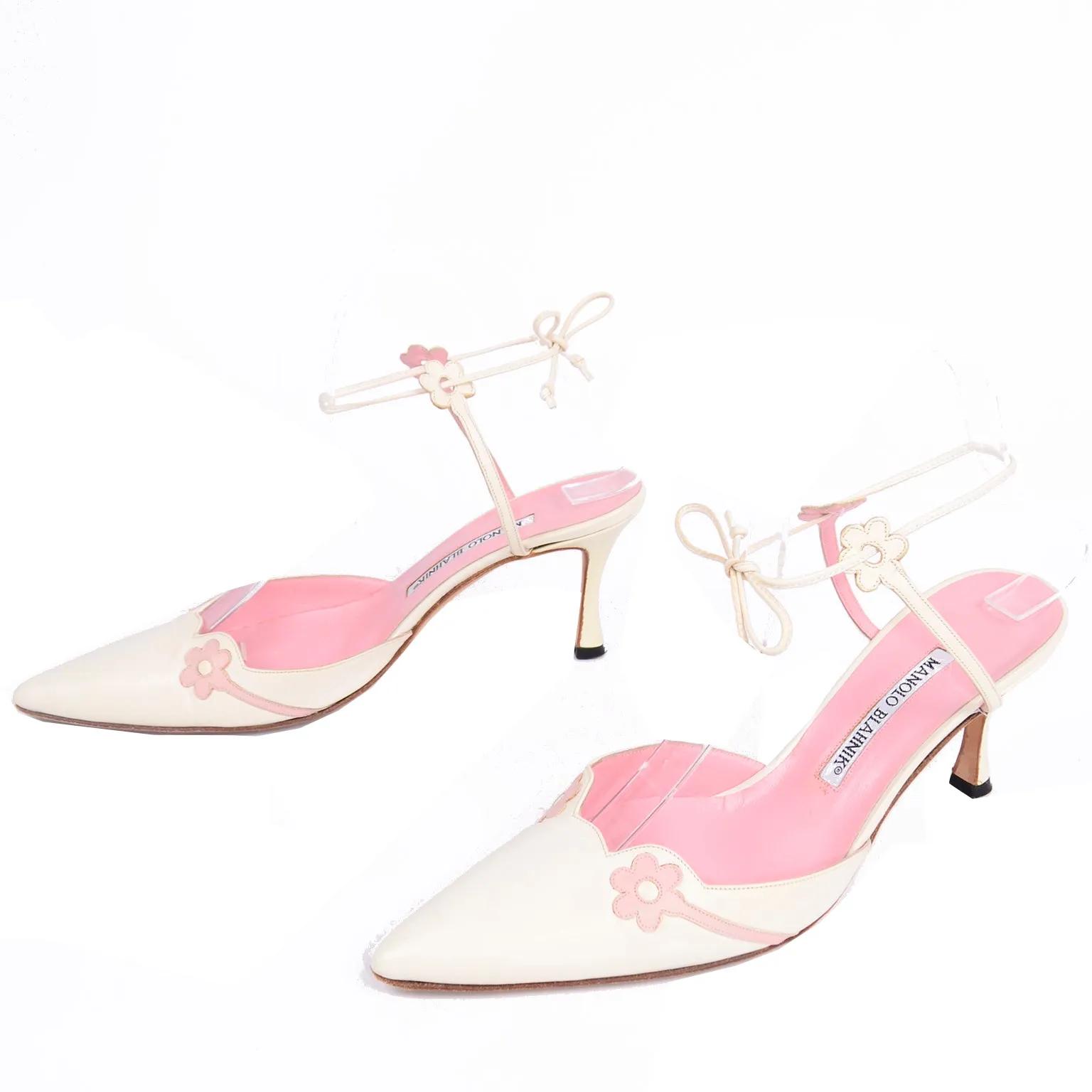 Manolo Blahnik Ivory Leather Shoes With Flower & Ankle Straps