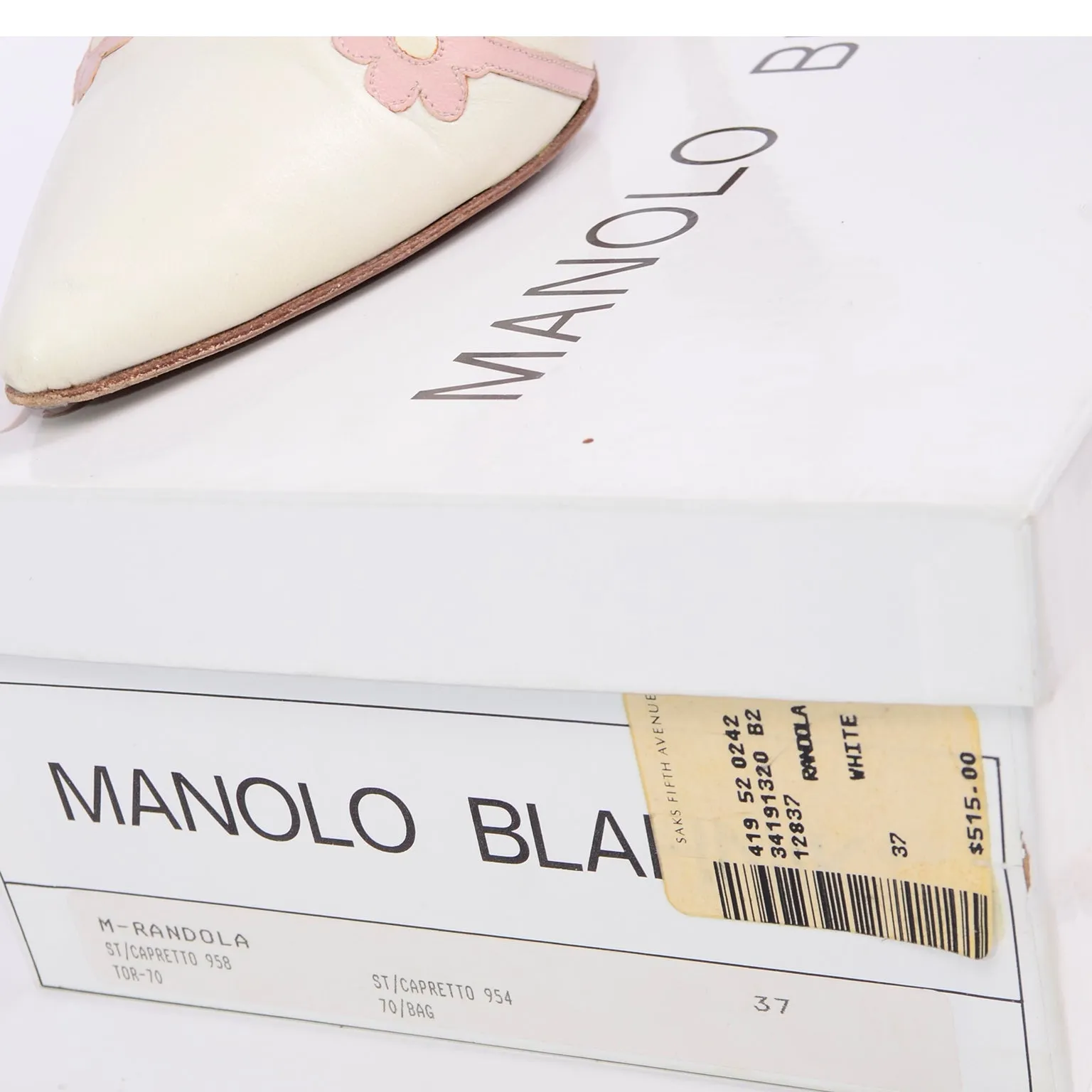 Manolo Blahnik Ivory Leather Shoes With Flower & Ankle Straps