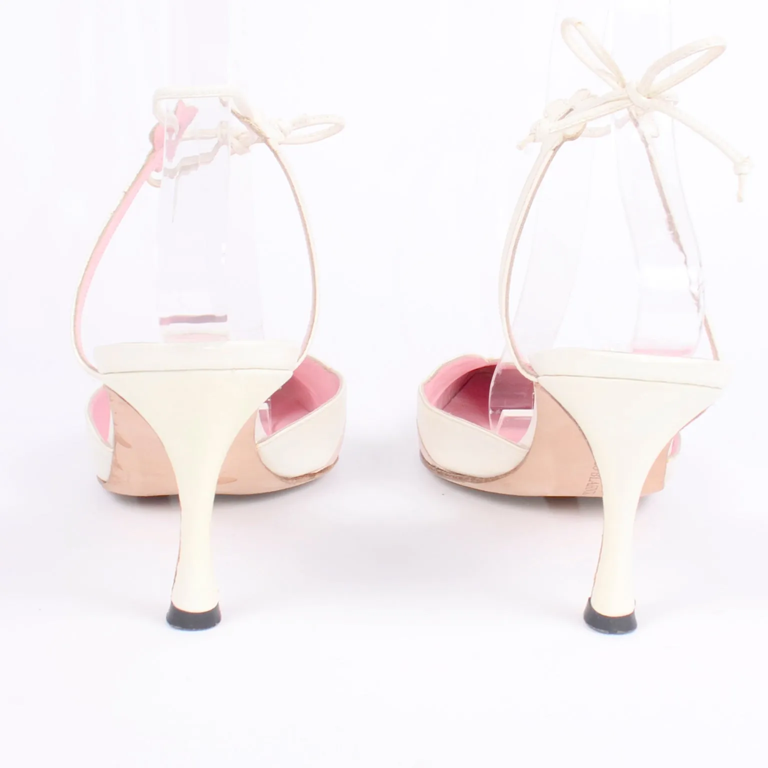 Manolo Blahnik Ivory Leather Shoes With Flower & Ankle Straps