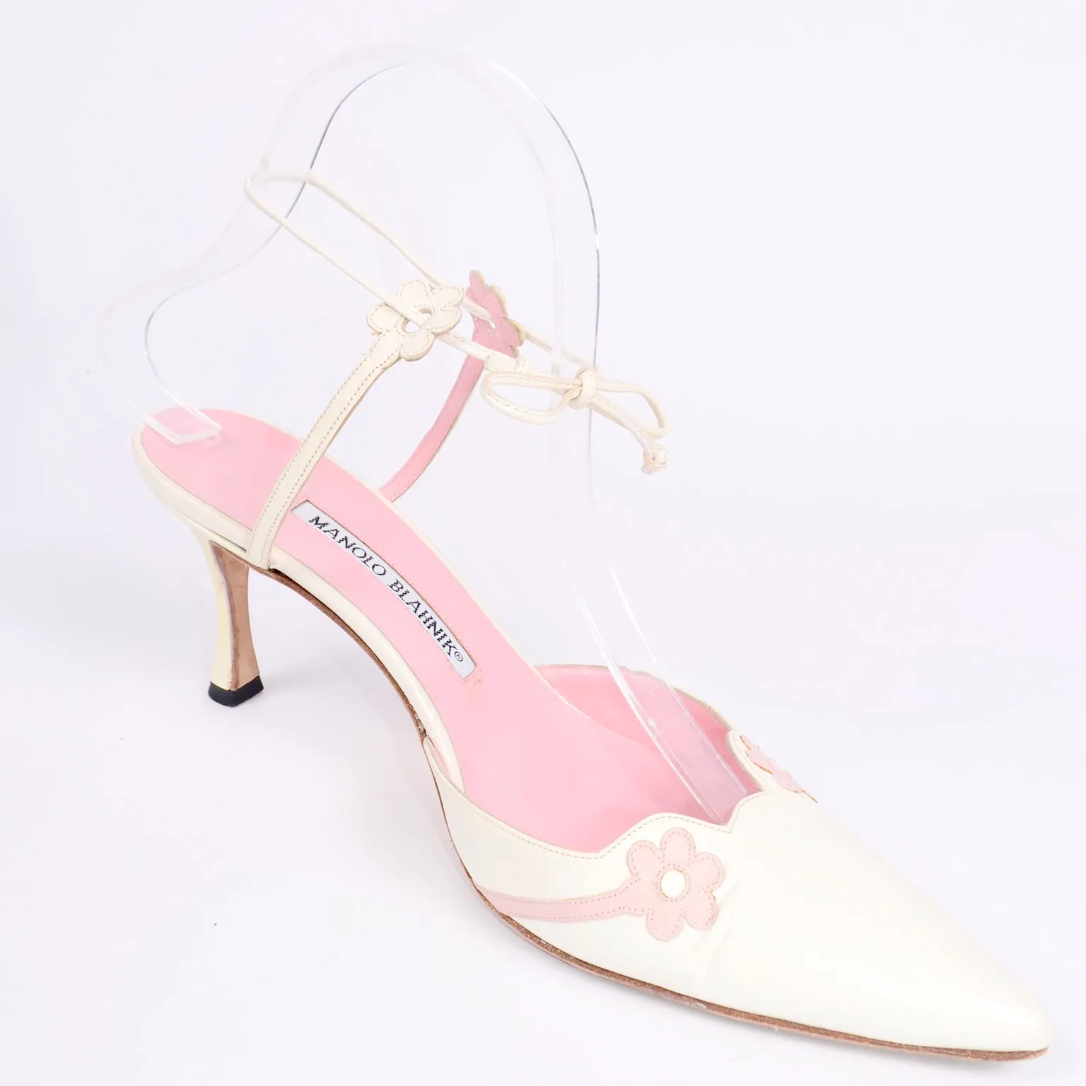 Manolo Blahnik Ivory Leather Shoes With Flower & Ankle Straps