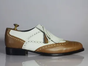 Men's Brown White Wing Tip Fringe Style Formal Shoes