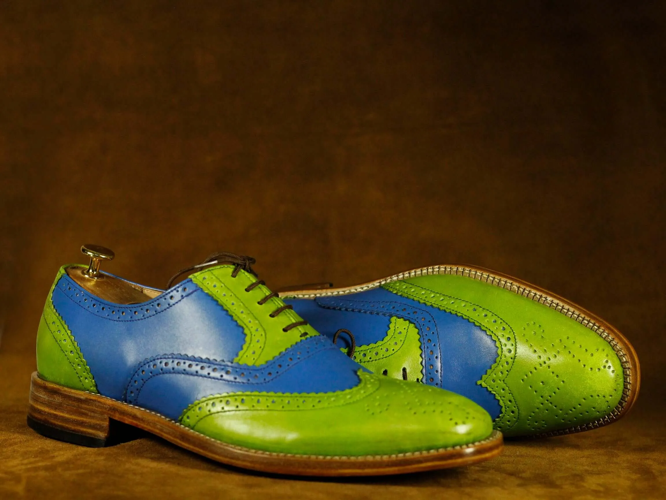 Men's Green Blue Brogue Toe Lace Up Leather Shoes,Party Shoes