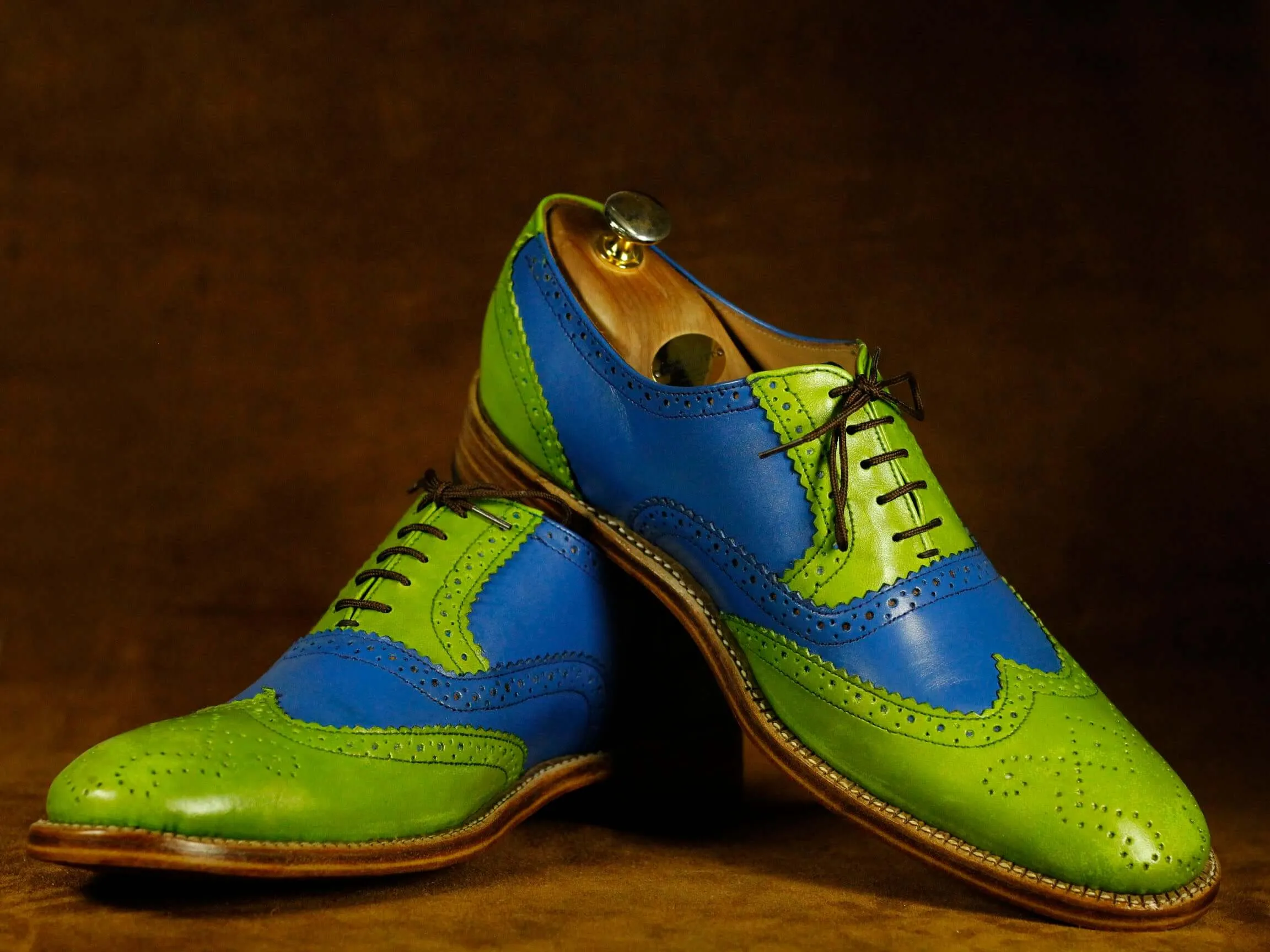 Men's Green Blue Brogue Toe Lace Up Leather Shoes,Party Shoes