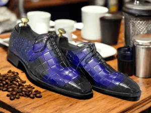 Men's Hand Painted Two Tone Alligator Texture Shoes, Lace Up Shoes,Business Dress