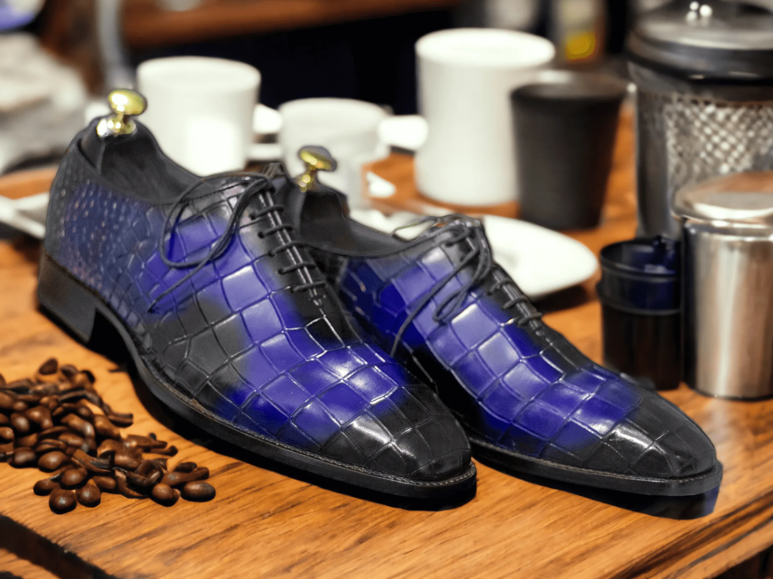 Men's Hand Painted Two Tone Alligator Texture Shoes, Lace Up Shoes,Business Dress