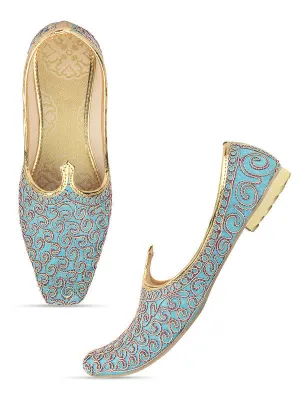 Men's Indian Ethnic Party Wear Blue Embroidered Footwear - Desi Colour