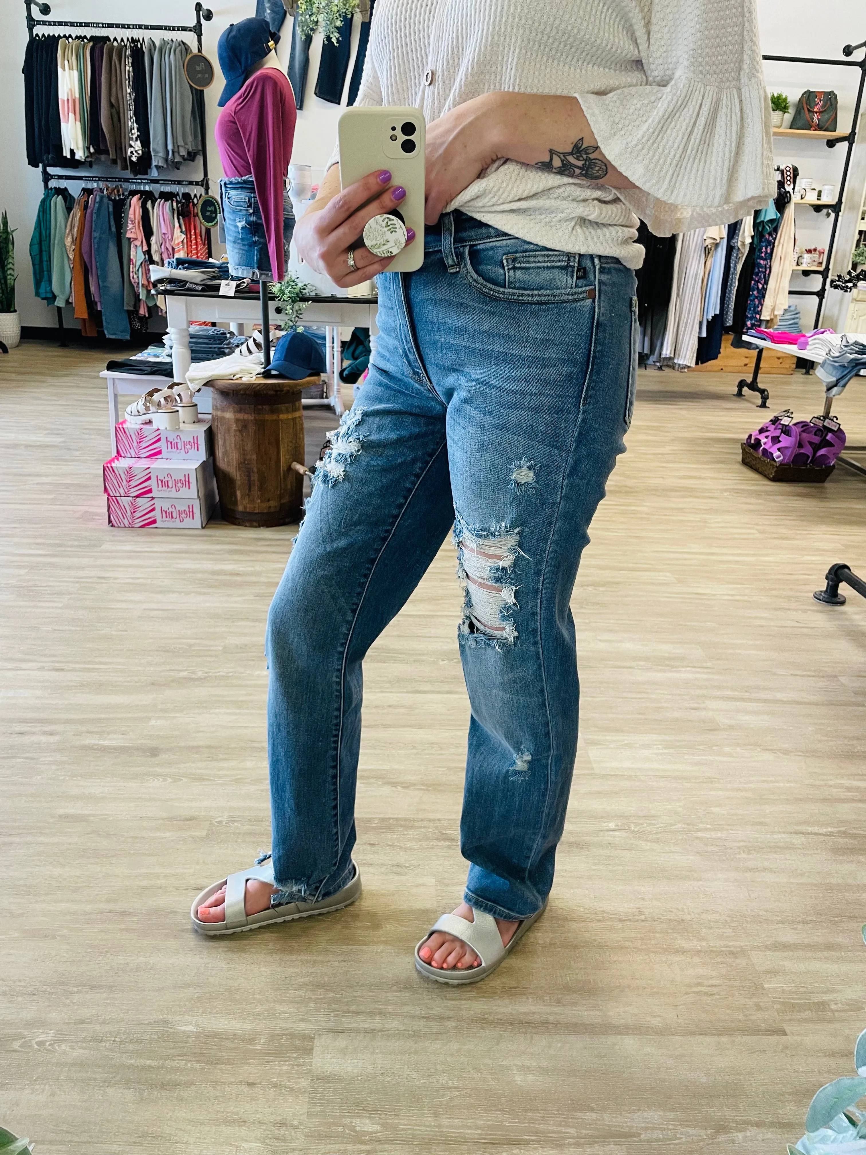 Mid-Rise Straight Fit Destroyed Judy Blue Jeans