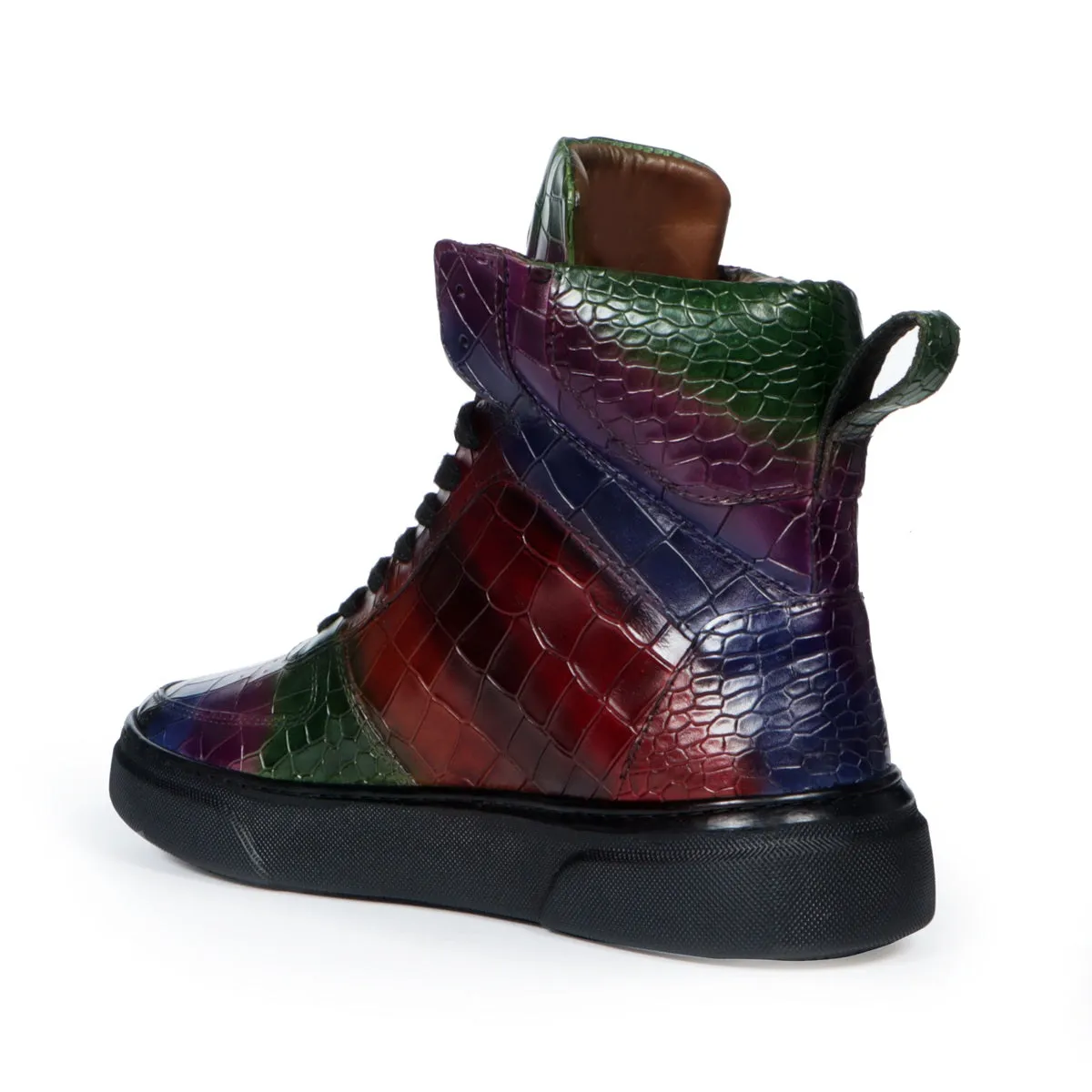 Multicolor Sneakers with Deep Cut Croco Textured Leather