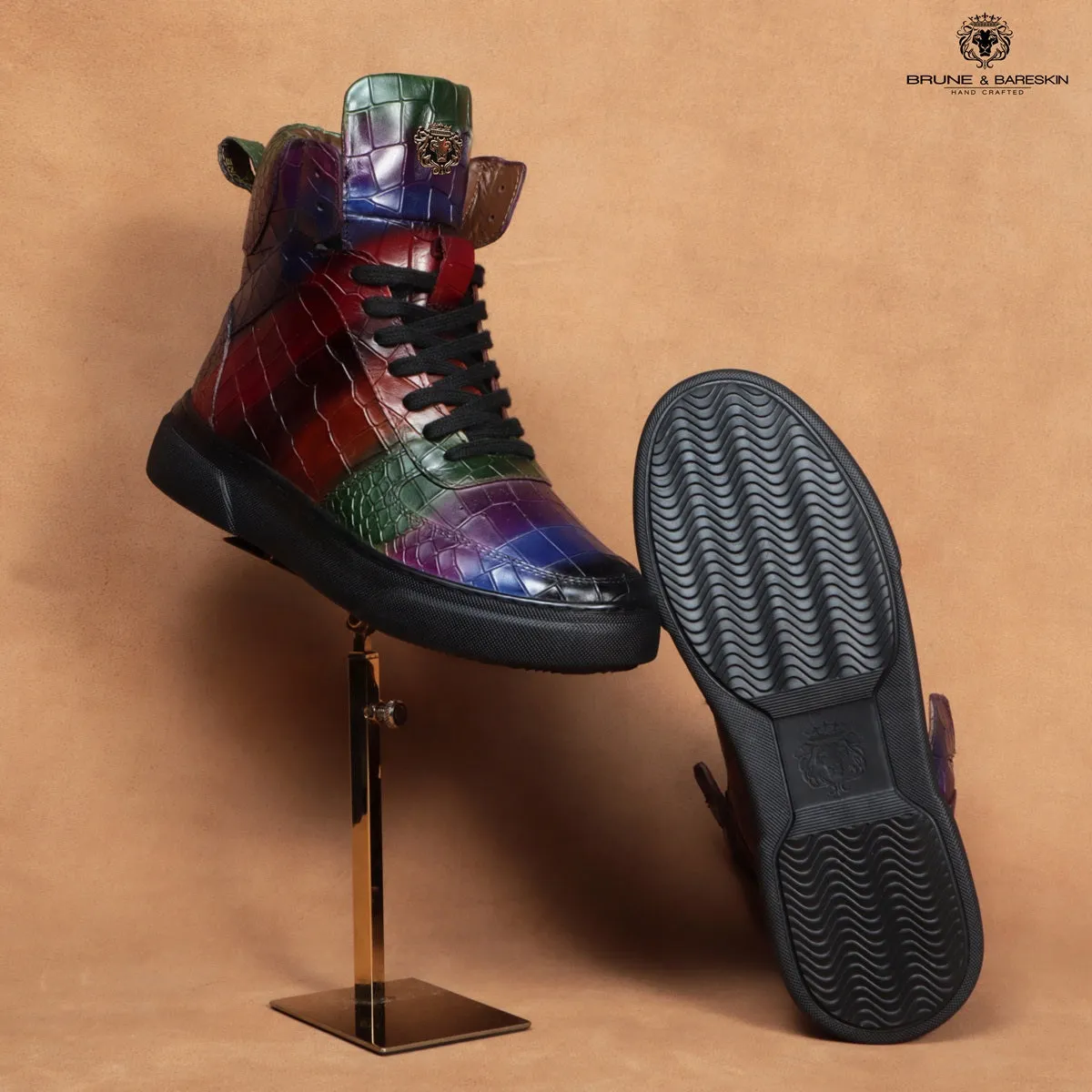 Multicolor Sneakers with Deep Cut Croco Textured Leather