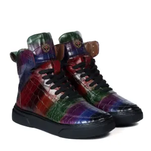 Multicolor Sneakers with Deep Cut Croco Textured Leather