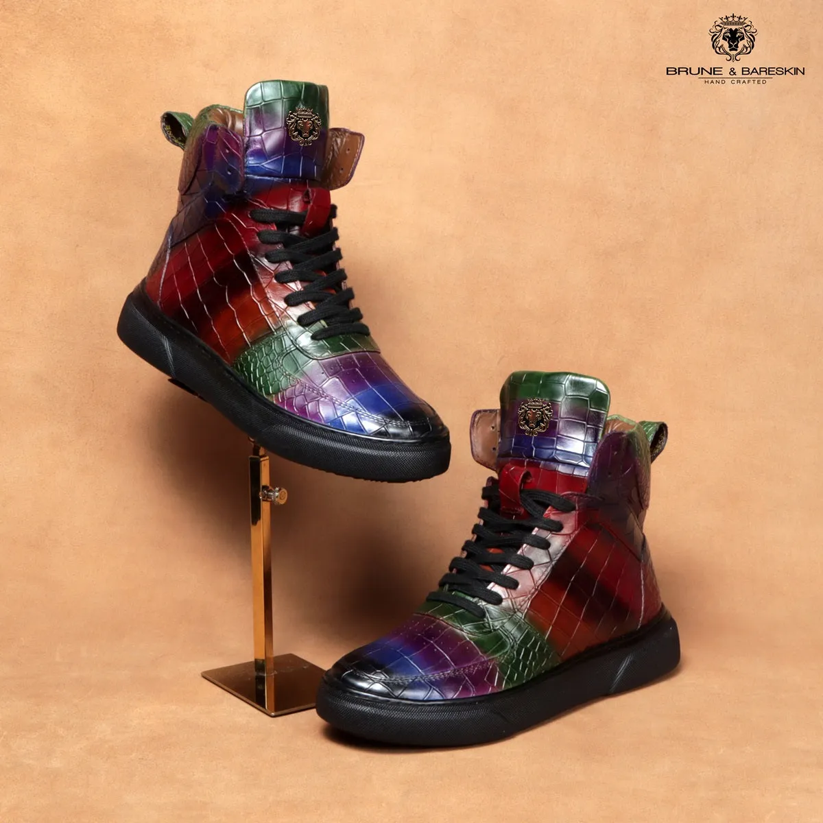 Multicolor Sneakers with Deep Cut Croco Textured Leather