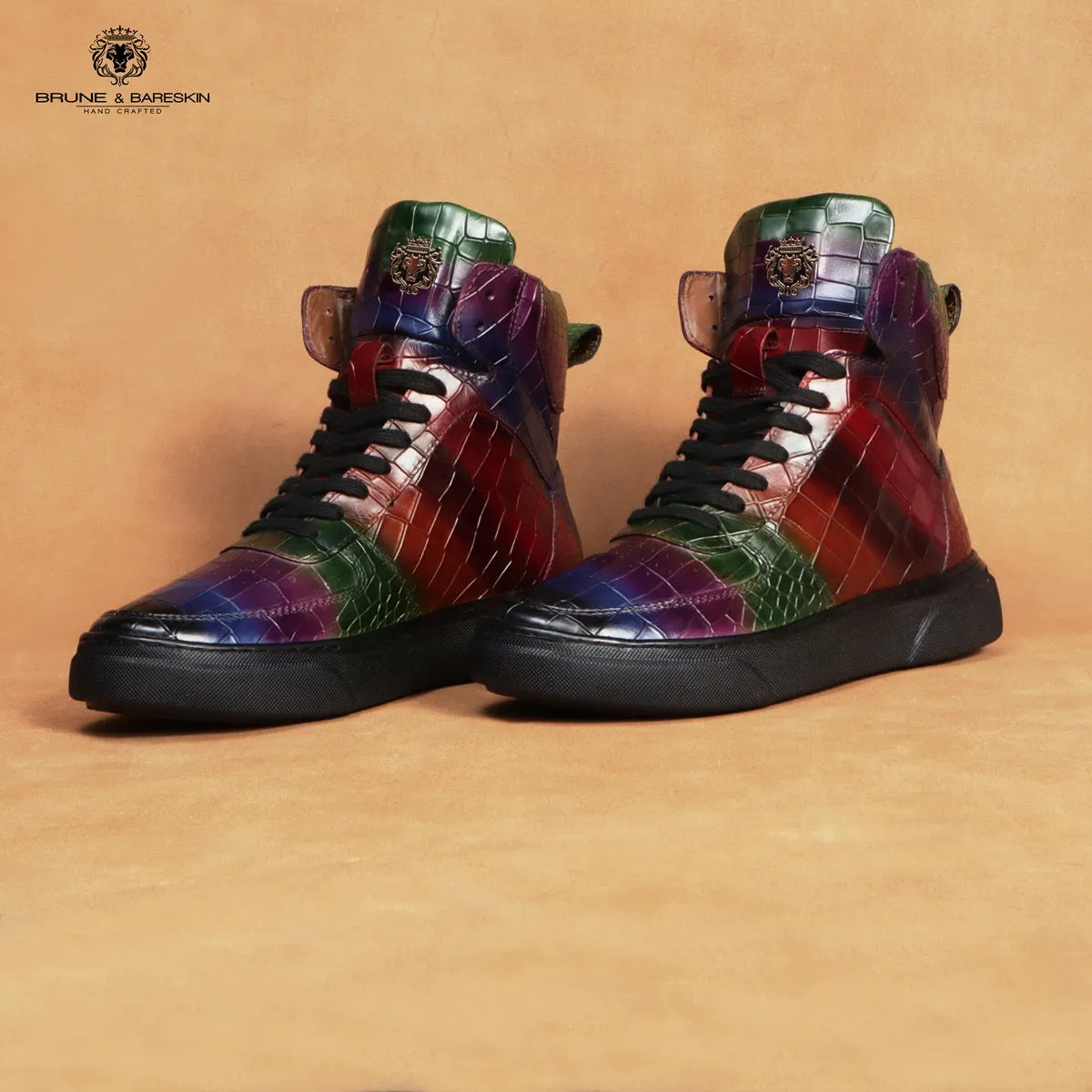 Multicolor Sneakers with Deep Cut Croco Textured Leather