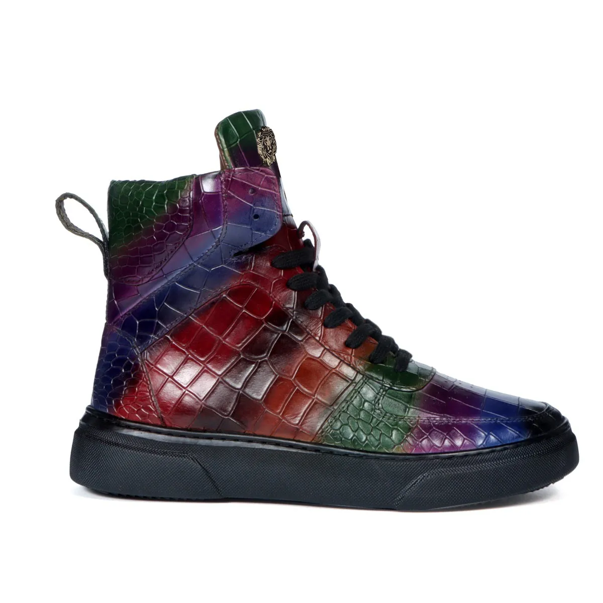 Multicolor Sneakers with Deep Cut Croco Textured Leather