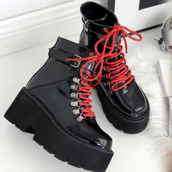 Patent Leather Lace-up Thick-soled Boots