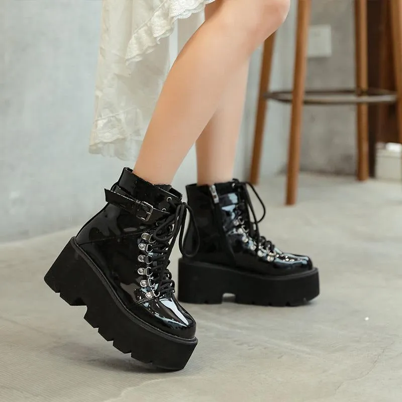 Patent Leather Lace-up Thick-soled Boots