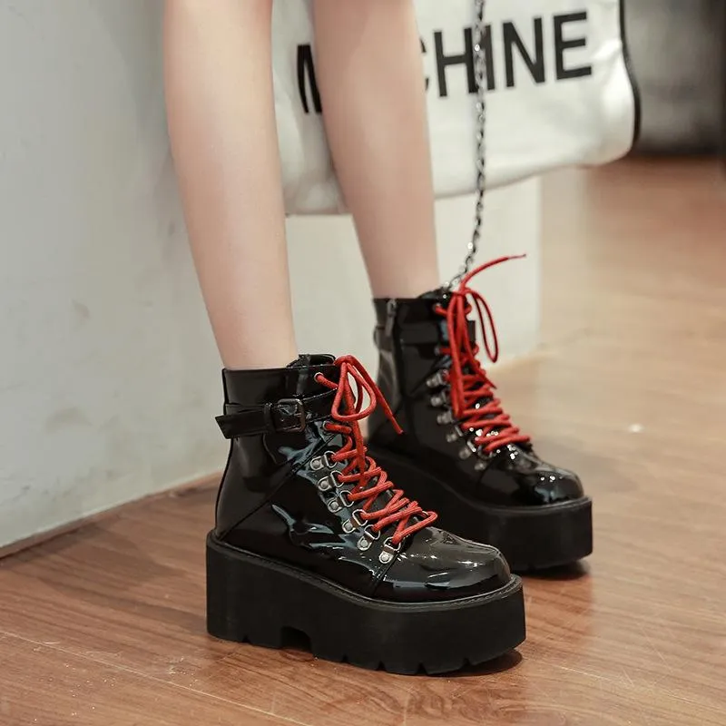 Patent Leather Lace-up Thick-soled Boots