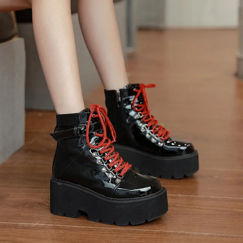 Patent Leather Lace-up Thick-soled Boots