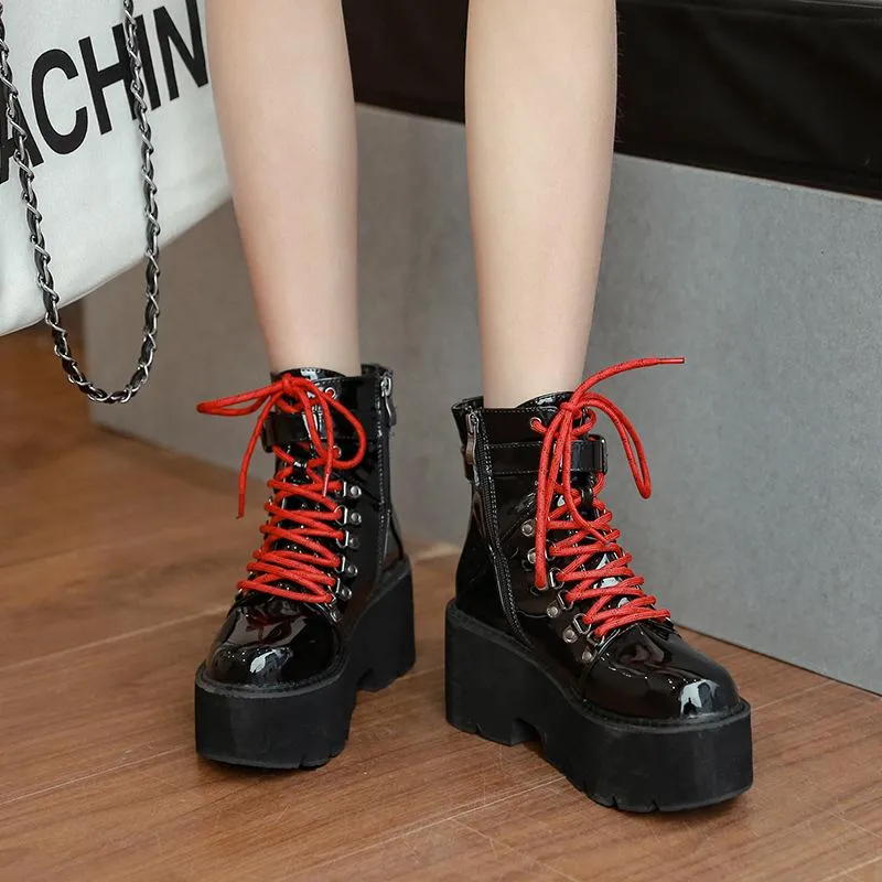 Patent Leather Lace-up Thick-soled Boots