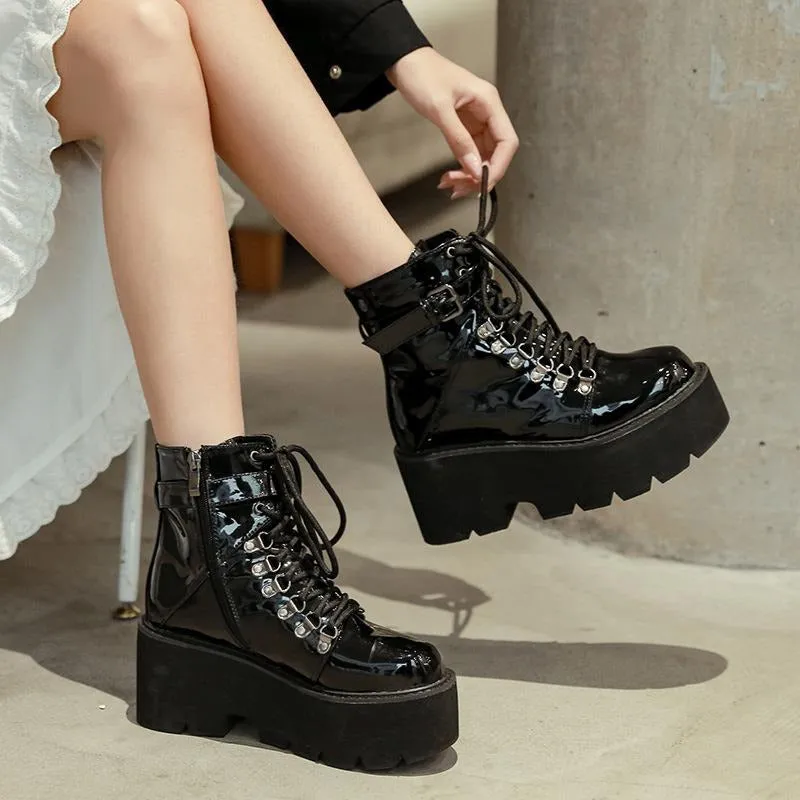 Patent Leather Lace-up Thick-soled Boots