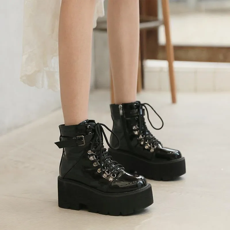 Patent Leather Lace-up Thick-soled Boots